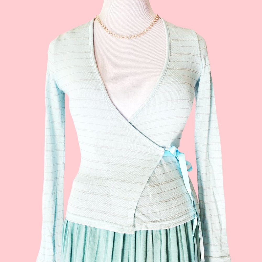 Light Blue Wrap Shirt with Satin Bow XS